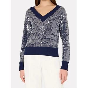 NEW MILLY ilaria sequin v-neck sweater top in navy